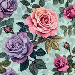 Wall Mural - Pastel pink and purple roses seamless pattern.