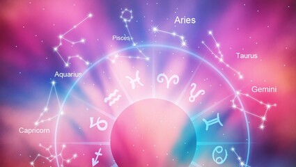 Wall Mural - astrology wheel and horoscope signs at night sky