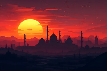 Wall Mural - A vibrant sunset silhouette of a mosque against a mountainous backdrop.