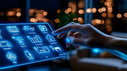 Aufkleber - Hand Interacting with Futuristic Smart Device Interface at Night