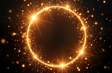 Aufkleber - Golden glitter circle design on dark background. Sparkling light particles form circle frame. Bright shine, glow create magical effect. Sparkles, glitter effect give impression of firework explosion.