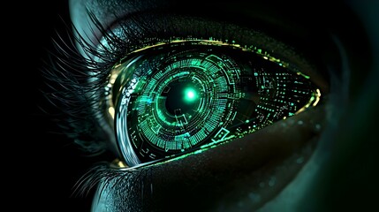 Poster - Futuristic Human Eye with Digital Technology and green Glowing Elements