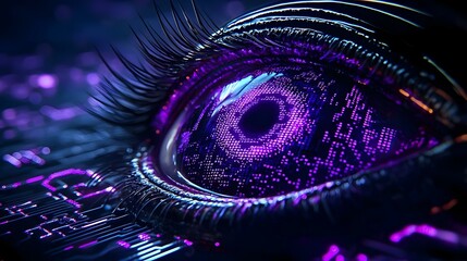 Poster - Futuristic Eye with Digital Patterns and Vibrant Purple Colors