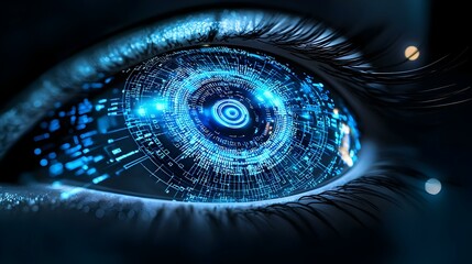 Aufkleber - Futuristic Human Eye with Digital Circuit Patterns and Blue Light