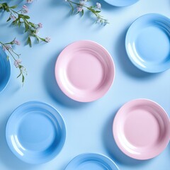 Poster - Pastel pink and blue plates on a blue background with flowers.