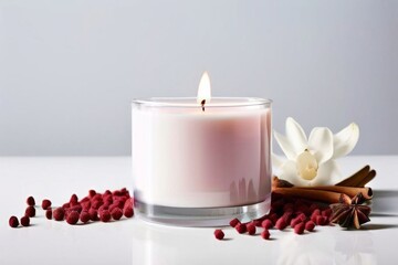 Inviting candle scene featuring colorful petals, aromatic fruits, and flickering flame. Captures essence of tranquility, ideal for promoting relaxation and spa experiences