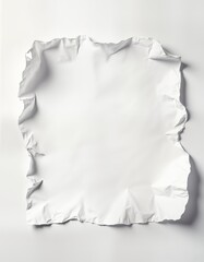 Fototapete - Torn white paper sheet lies flat on plain white background. Wrinkled, crumpled paper displays texture, design. Recycled paper shows signs of age, use. Blank sheet creates abstract pattern. Ideal for
