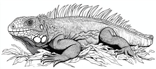 Wall Mural - black and white vector drawing of a single iguana outline for coloring activities