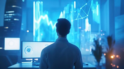 Poster - Strategic planner showcasing a 3D financial graph, blue-toned futuristic workspace in view
