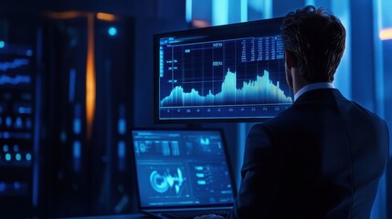 Poster - Strategic planner showcasing a 3D financial graph, blue-toned futuristic workspace in view