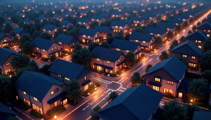 Poster - Suburban houses at night with warm light glowing from windows. Streets lit. Modern design. Neighborhood neat, tidy. Data transaction flow suggested in prompt. Digital network connection tech concept