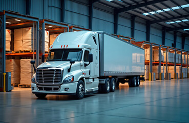 Aufkleber - White semi-truck parked on loading dock of large industrial warehouse. Many cardboard boxes stacked on shelves. Business logistics, freight transportation concept. Warehouse modern, well-organized.