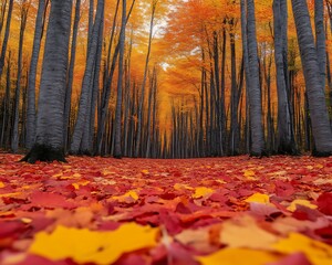 Autumnal forest path with red and orange leaves.