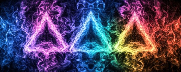 Poster - Colorful smoke forms three triangular shapes, creating a vibrant, abstract visual display with a mystical and artistic flair.