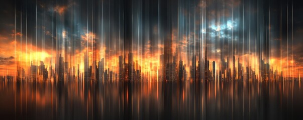 Poster - a stunning digital landscape with vertical lines, depicting a fiery sunset over a horizon of silhoue