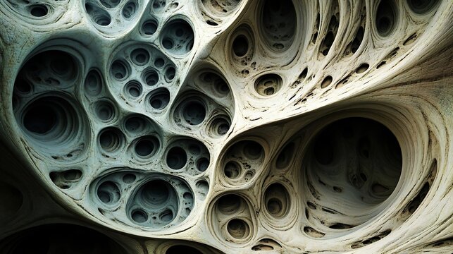 Abstract 3D rendering of a porous, cavernous, organic structure with varying shades of gray and beige.