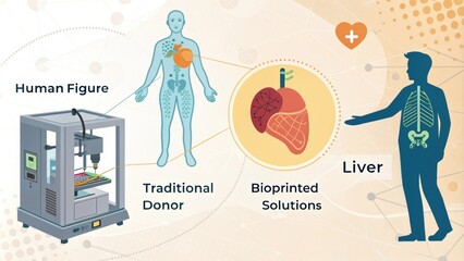 Poster - Bioprinting technology creating a liver for transplantation, offering a potential solution to organ shortage and revolutionizing medical procedures in research laboratory
