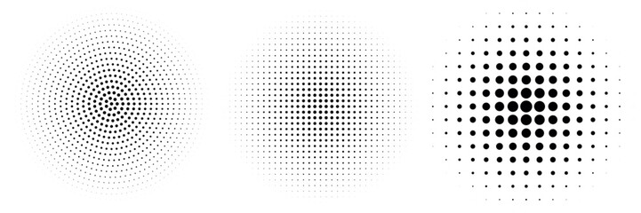 Halftone gradient. Dotted gradient, smooth dots spraying and halftones dot background seamless horizontal geometric pattern vector template set.