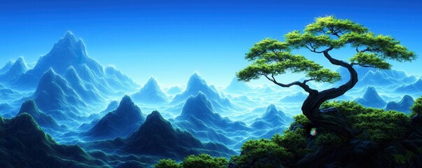 Poster - A serene landscape featuring majestic mountains under a blue sky, with a prominent, stylized tree in the foreground.