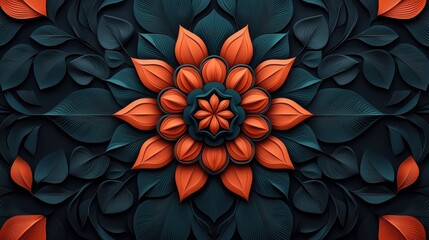 Aufkleber - A vibrant floral design featuring orange petals and green leaves, creating a striking symmetrical pattern.