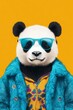© felix_brönnimann - Stylish panda wearing sunglasses and a colorful jacket on a bright yellow background. Fun, trendy animal portrait for creative projects and marketing materials.