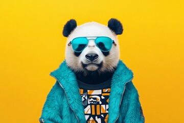 Wall Mural - Stylish panda in sunglasses and colorful outfit against yellow background, embodying fun and playful fashion. Perfect for quirky designs and trendy concepts.