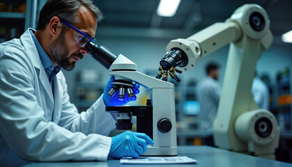Aufkleber - Scientist meticulously examines sample under microscope. Industrial robot arm works in background. Collaboration between tech, science. Modern research lab setting. Advanced equipment. Focused study.