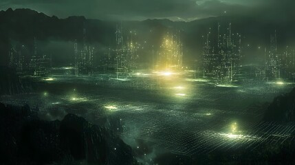 Poster - Digital landscape creation futuristic city 3d art virtual environment aerial view technology concept