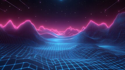 Poster - Exploring futuristic landscape with neon mountains and digital grid virtual reality environment artistic viewpoint