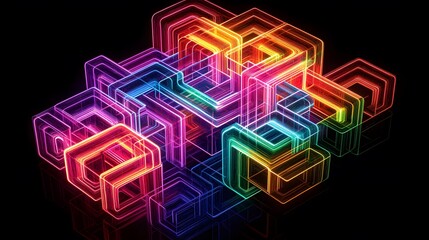 Poster - Vibrant neon geometric patterns abstract art digital artwork dark background close-up view visual creativity