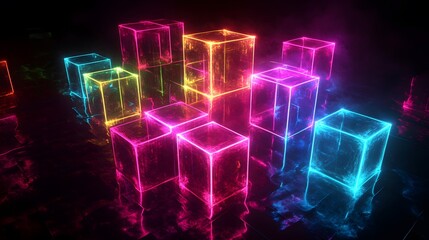 Poster - Vibrant neon cubes in dark environment abstract art digital creation futuristic design