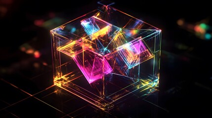 Poster - Vibrant 3d abstract art installation digital space visual content neon environment close-up view futuristic concept