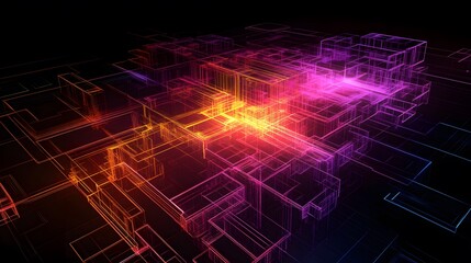 Poster - Dynamic neon circuitry visualization digital space 3d graphic art futuristic environment abstract perspective technology concept
