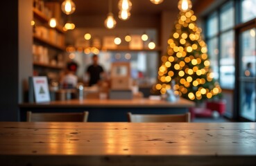Aufkleber - Empty wooden table in cafe setting. Christmas lights out of focus in background. Cozy festive atmosphere ideal for product display. Suitable for diverse products in warm, inviting space.