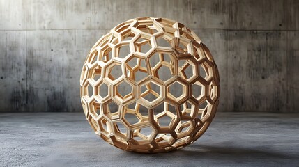 Poster - Innovative wooden sphere sculpture studio setting 3d artwork minimalist design close-up view art concept for design impact