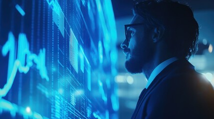 Fototapete - Business leader evaluates a digital growth chart, futuristic blue interface with data overlays