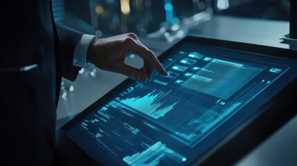 Fototapete - Business leader evaluates a digital growth chart, futuristic blue interface with data overlays
