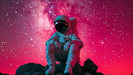 Wall Mural - Astronaut resting on a rocky surface under a vibrant cosmic sky filled with stars