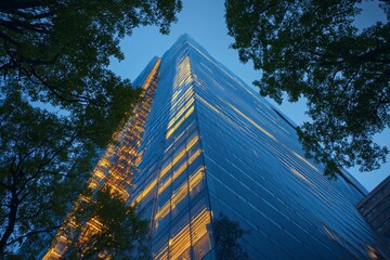 Poster - A modern skyscraper with blue glass facade. Streaks of light extend from the building.
