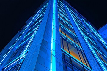 Poster - A modern skyscraper with blue glass facade. Streaks of light extend from the building.