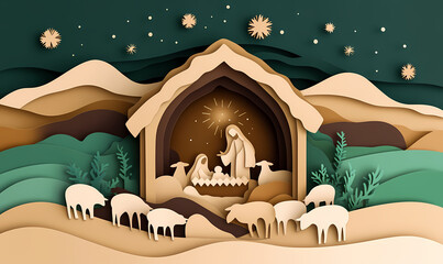 Nativity Scene Paper Cutout:  A serene and heartwarming paper cutout illustration of the Nativity scene, depicting the birth of Jesus in a stable with Mary, Joseph.