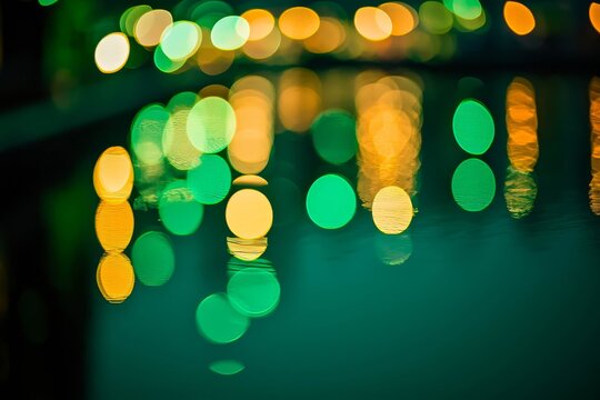 Abstract circular green bokeh reflected in water.