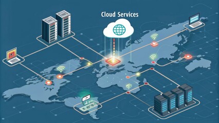 Poster - Isometric view of cloud computing services connecting a global network with data centers, symbolizing data exchange, storage, and accessibility worldwide