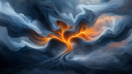 Poster - Abstract tree design with glowing branches amid swirling clouds and vibrant colors