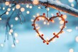 © Eugen - A beautiful heart constructed entirely of colorful Christmas lights is gently dangling from a sturdy tree branch above the ground. Sunrise or sunset in romantic nature settings. poster
