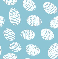 Canvas Print - A seamless pattern of white line-drawn Easter eggs on a light blue background, easter seamless pattern