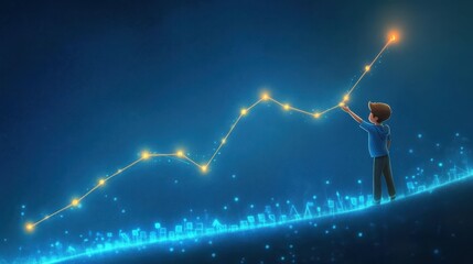 Poster - Businessman draws a glowing growth graph on a digital interface, analyzing financial data. Blue gradient background, sleek and modern style