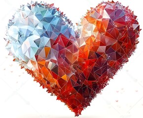 Poster - A vibrant abstract heart composed of geometric triangular facets in vibrant shades of red, orange and blue. The fragmented crystalline texture creates a multi-dimensional effect, while sharp edges and