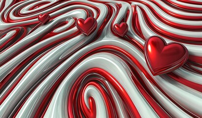 Poster - A bold and dynamic abstract design featuring glossy red hearts set on a flowing surface of red and white swirling patterns. The wavy texture is reminiscent of candy stripes, creating a sense of moveme