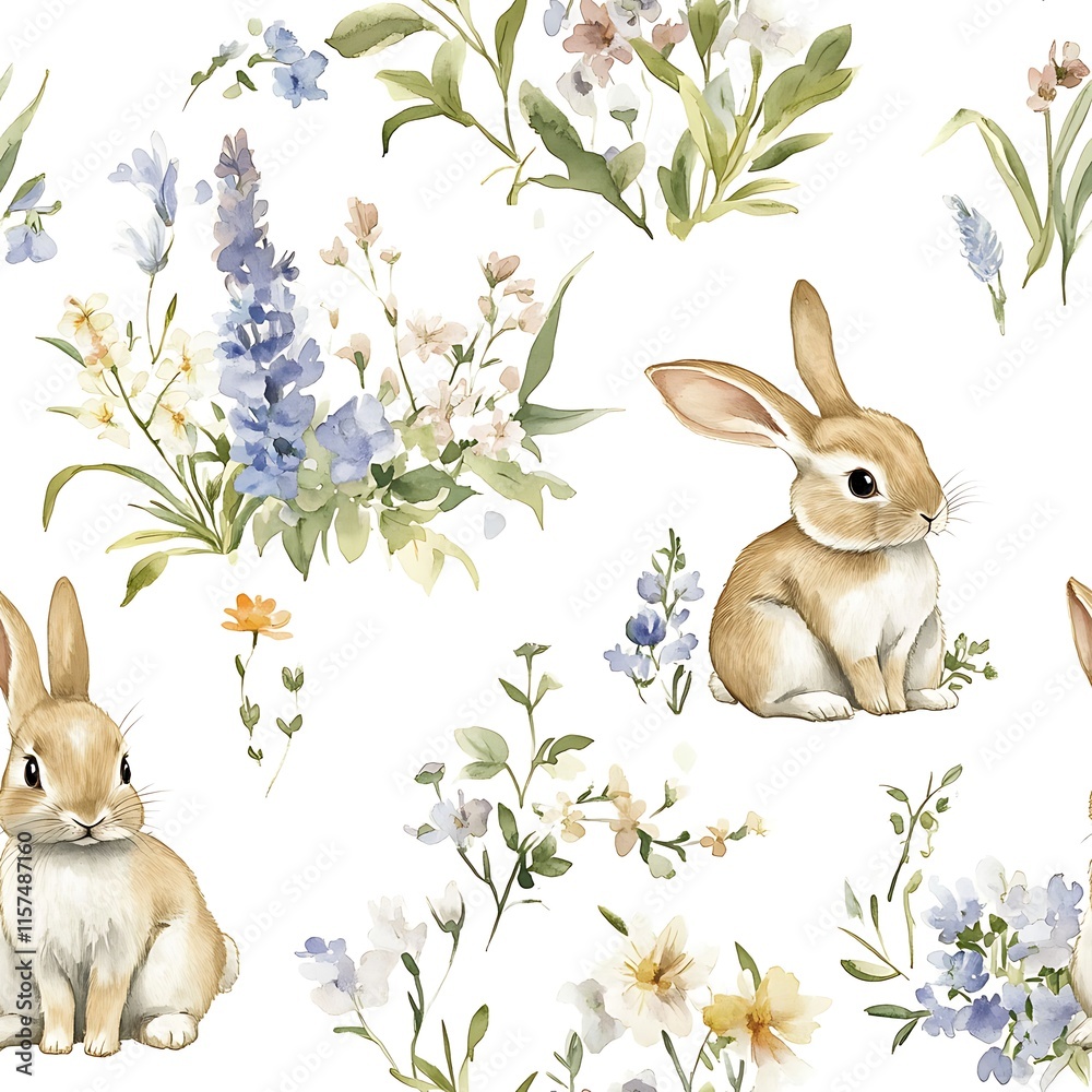A seamless pattern with watercolor cute bunnies, easter pattern Stock ...